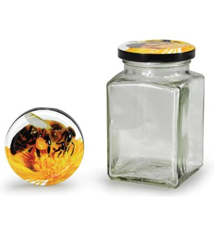 Quadratisches Honigglas mit Bienen-Deckel 260 ml (TO 58)