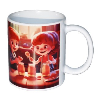 Tasse mit kindlichem Motiv von Kindern beim Honig