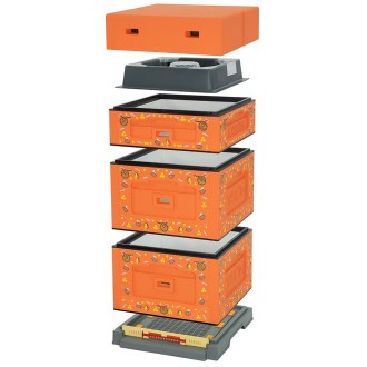 Dadant OPTIMA Bienenstock, lackiert (orange), Druck – Biene, aufgeklappt