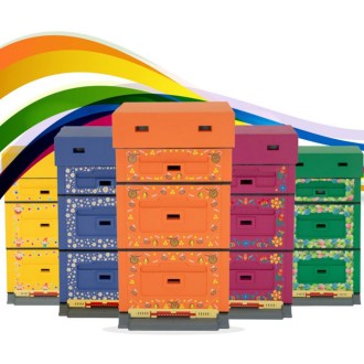 Dadant OPTIMA Bienenstock, lackiert (orange), Druck – Biene, aufgeklappt